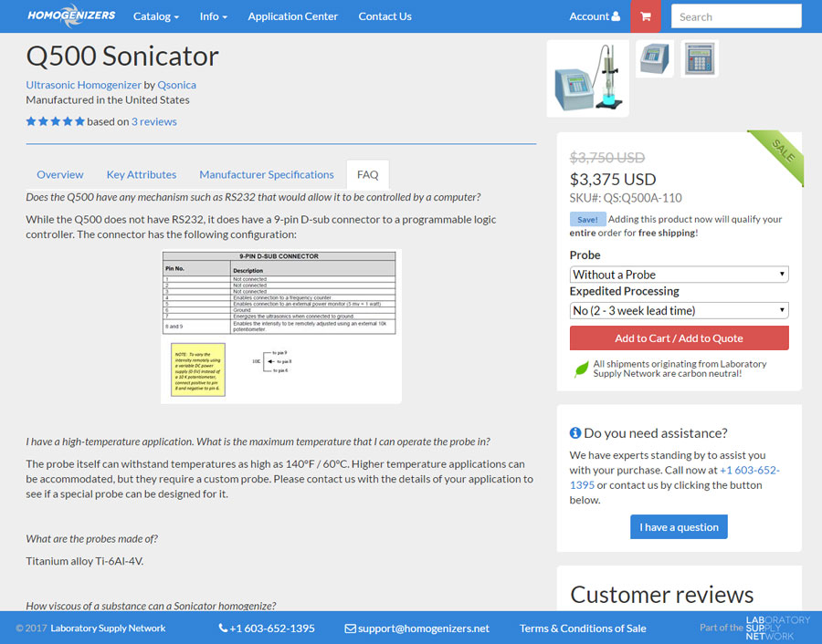 FAQ section on a product page of the Homogenizers.net website