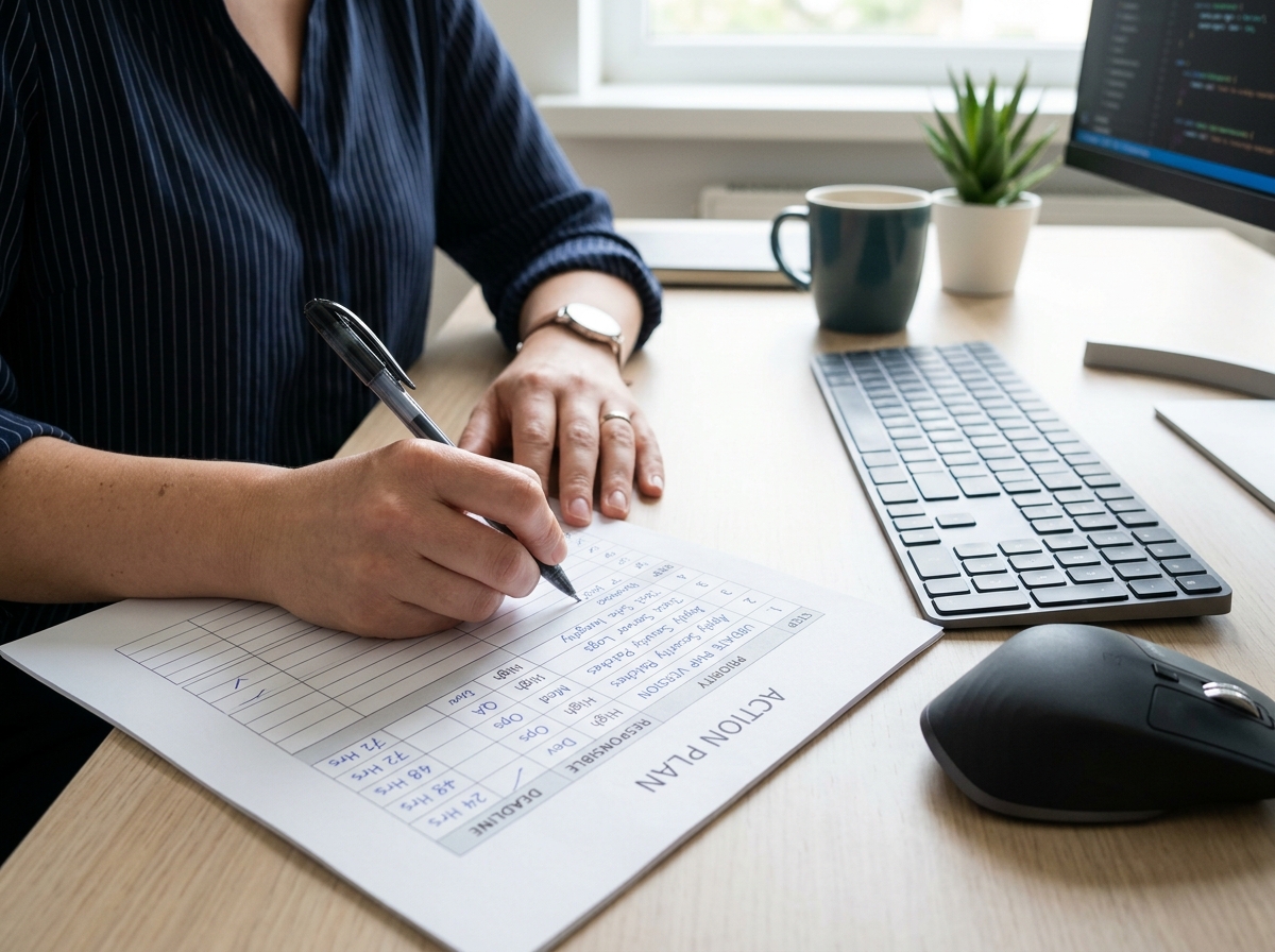 Close-up of a person writing on a paper checklist on an organized office desk next to a keyboard.