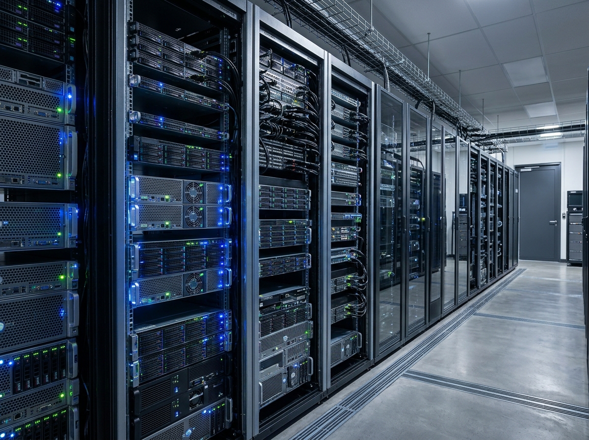 Rows of enterprise rack servers in a clean, brightly lit data center room.