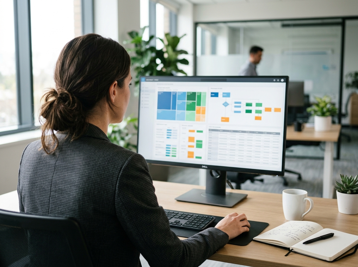 Commercial analyst looking at data grids on a computer screen in a modern pharmaceutical office.