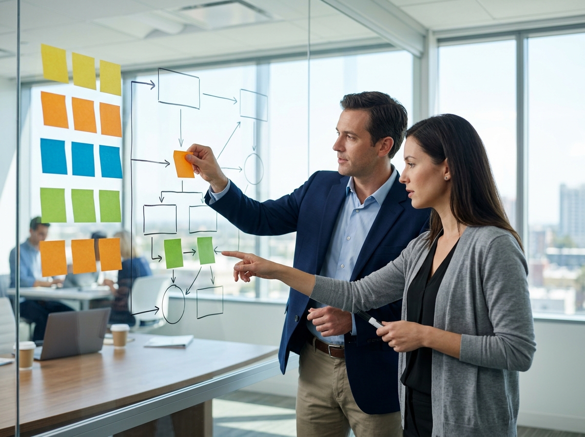 Marketing strategy team mapping out a project framework on a glass whiteboard.