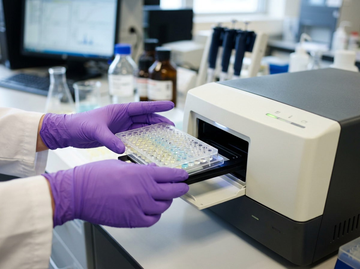Gloved hands loading a multi-well plate into a microplate reader in a biotechnology lab.