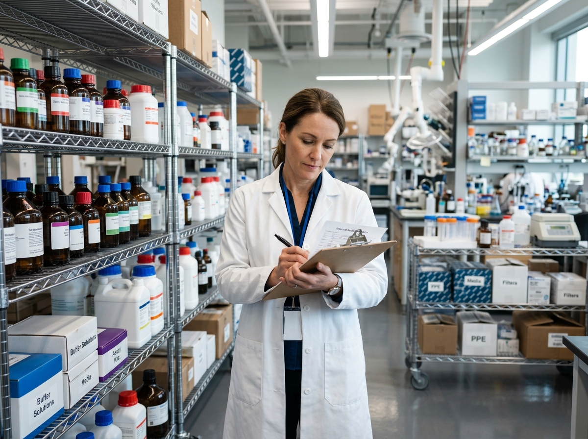 Lab manager checking stock levels in a cold room inventory storage area.