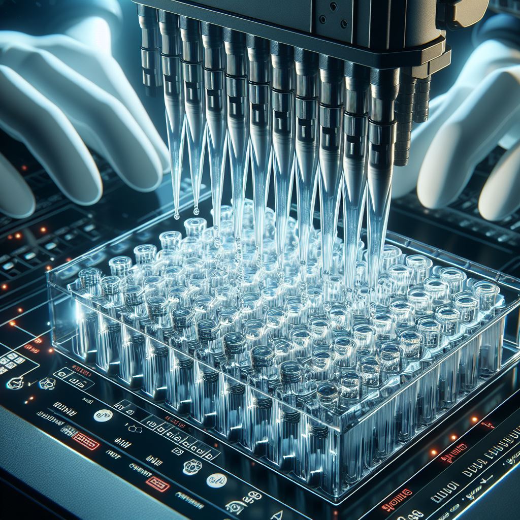 DALL-E 3 generated image for the prompt "A close up photograph of liquid being dispensed from pipette tips into a 96-well microplate in a high-throughput automated liquid handling system."