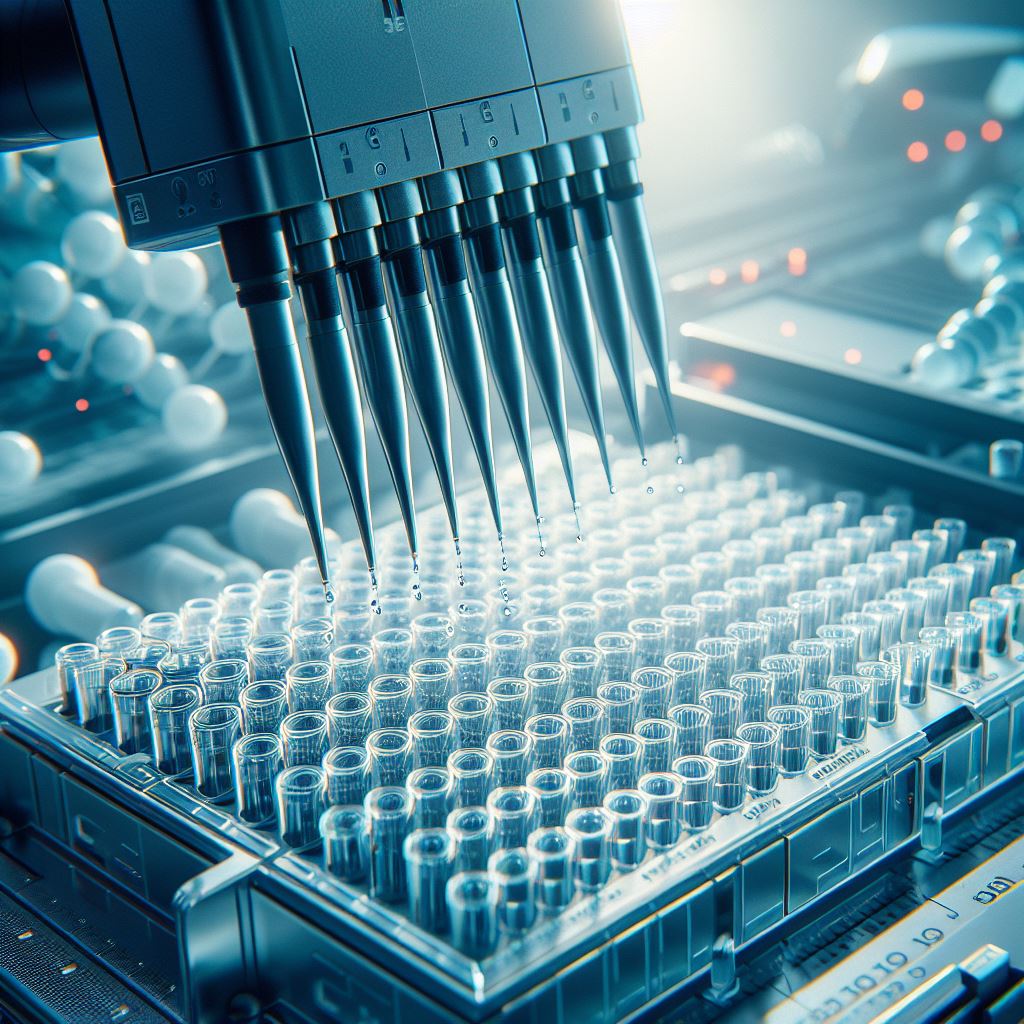 DALL-E 3 generated image for the prompt "A close up photograph of liquid being dispensed from pipette tips into a 96-well microplate in a high-throughput automated liquid handling system."