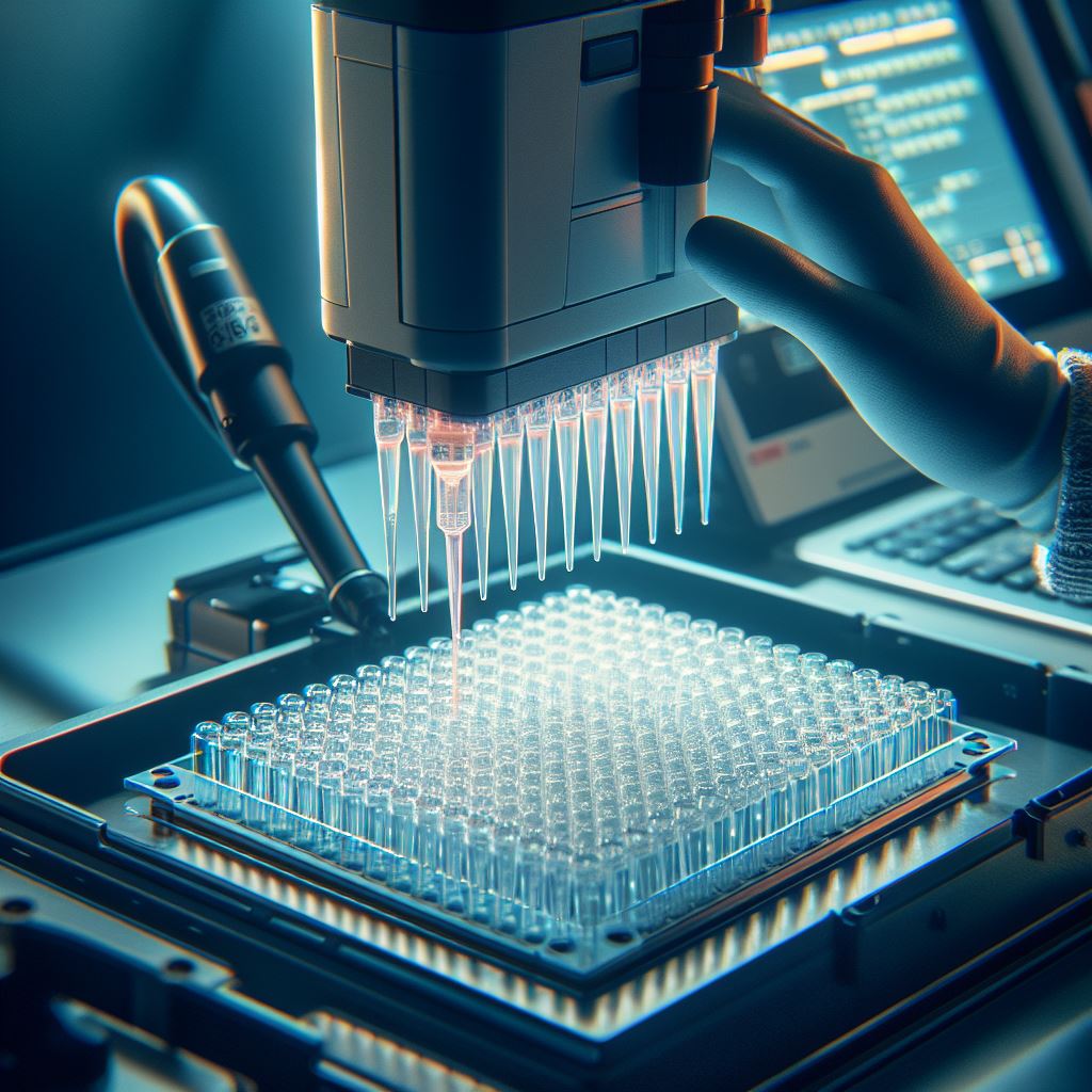 DALL-E 3 generated image for the prompt "A close up photograph of liquid being dispensed from pipette tips into a 96-well microplate in a high-throughput automated liquid handling system."