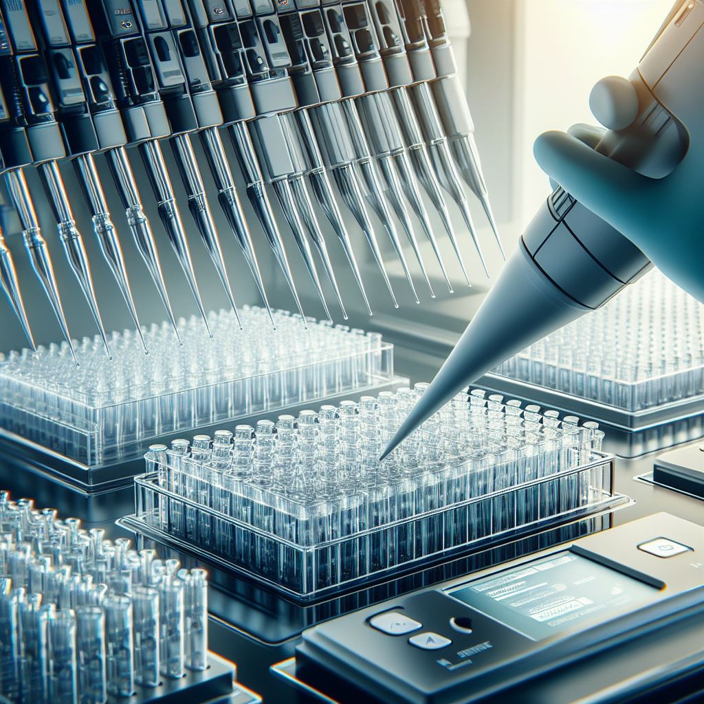 DALL-E 3 generated image for the prompt "A close up photograph of liquid being dispensed from pipette tips into a 96-well microplate in a high-throughput automated liquid handling system."