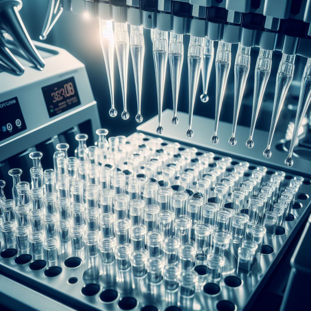 DALL-E 3 generated image for the prompt "A close up photograph of liquid dripping from pipette tips on a high-throughput automated liquid handling system."