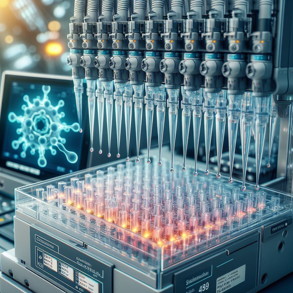 DALL-E 3 generated image for the prompt "A close up photograph of liquid dripping from pipette tips on a high-throughput automated liquid handling system."