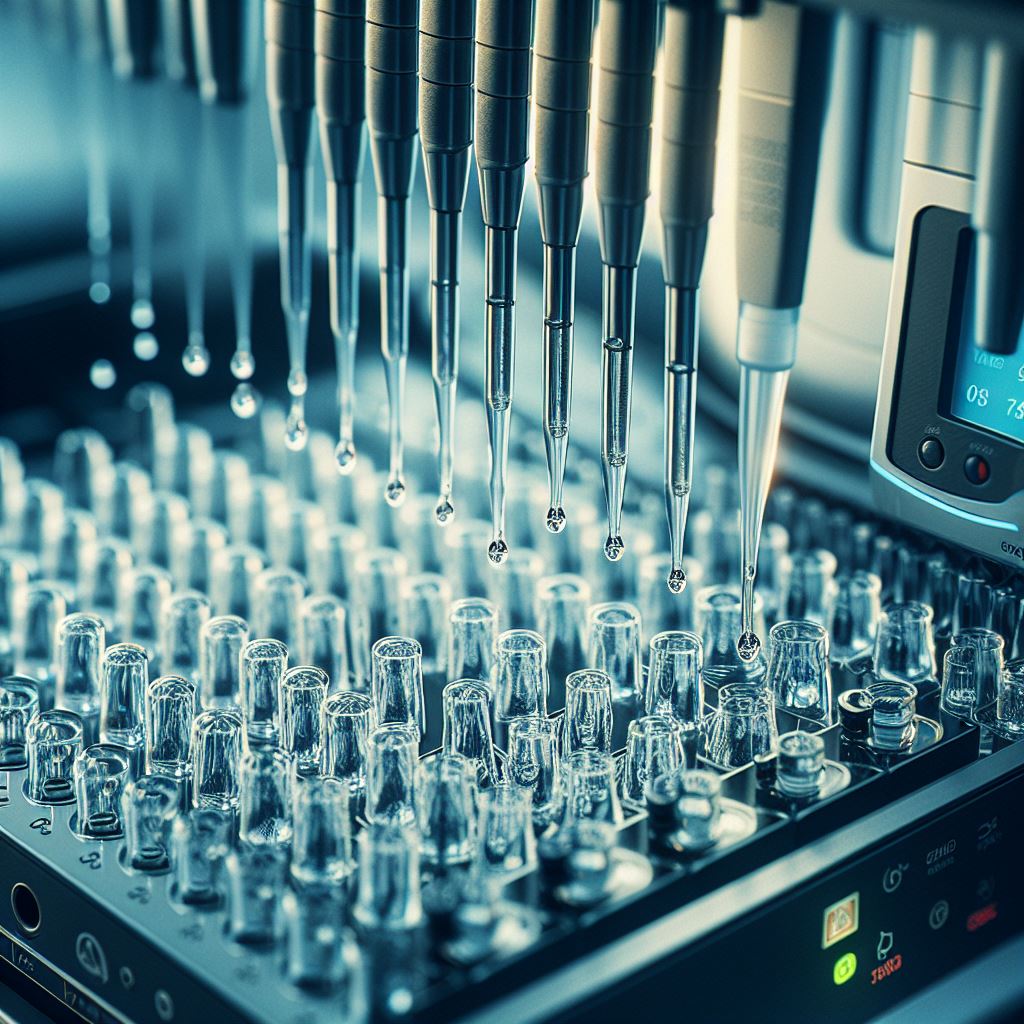 DALL-E 3 generated image for the prompt "A close up photograph of liquid dripping from pipette tips on a high-throughput automated liquid handling system."