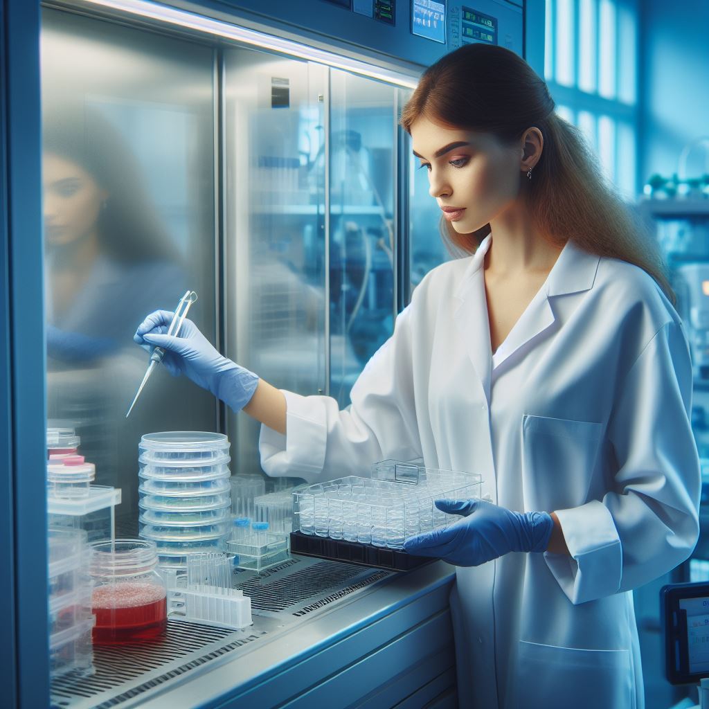 DALL-E 3 generated image for the prompt "A photograph of a female scientist performing cell culture at a biosafety cabinet."