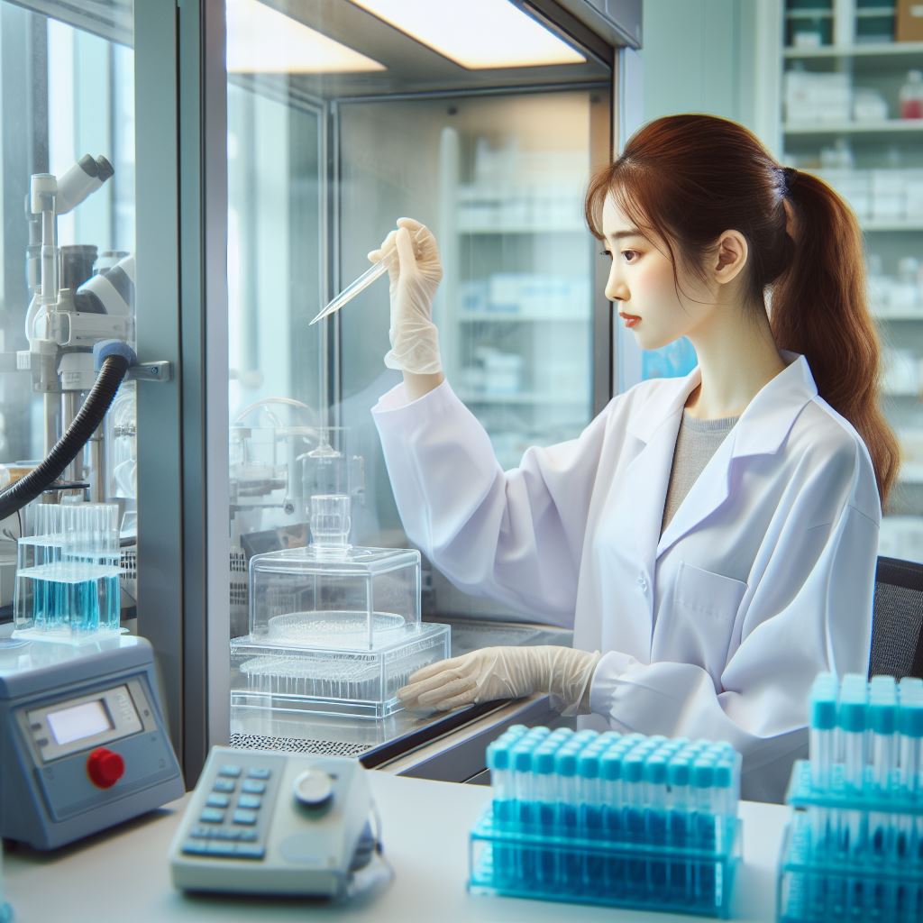 DALL-E 3 generated image for the prompt "A photograph of a female scientist performing cell culture at a biosafety cabinet."