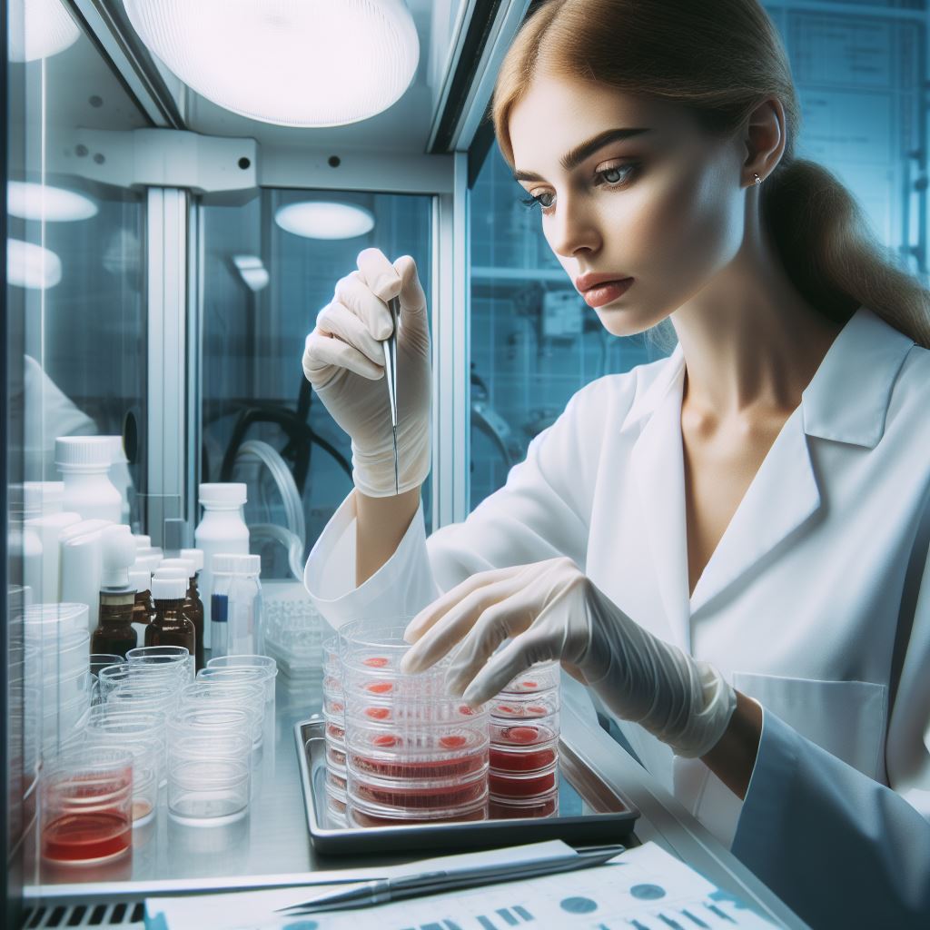 DALL-E 3 generated image for the prompt "A photograph of a female scientist performing cell culture at a biosafety cabinet."