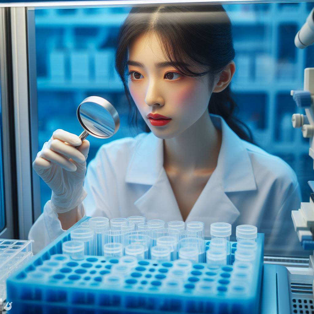 DALL-E 3 generated image for the prompt "2023, professional photograph. a female scientist performing cell culture at a biosafety cabinet." The scientist in the generated image is looking through a magnifying glass.
