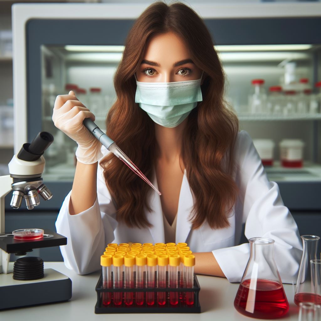 DALL-E 3 generated image for the prompt "A photograph of a female scientist in a laboratory sitting at a biosafety cabinet holding a serological pipette performing cell culture. Her cell culture flasks have yellow caps and her cell culture media is red."