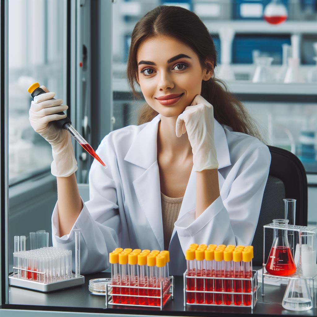 DALL-E 3 generated image for the prompt "A photograph of a female scientist in a laboratory sitting at a biosafety cabinet holding a serological pipette performing cell culture. Her cell culture flasks have yellow caps and her cell culture media is red."