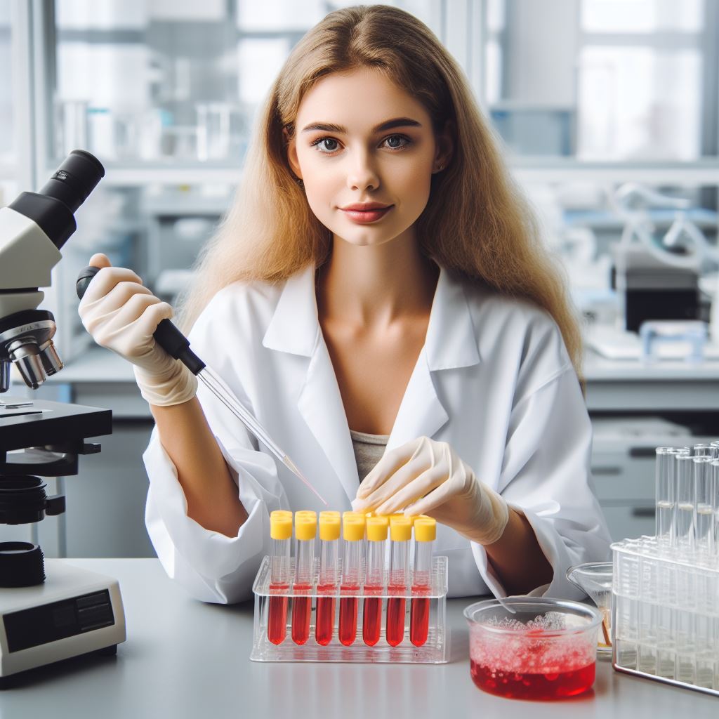 DALL-E 3 generated image for the prompt "A photograph of a female scientist in a laboratory sitting at a biosafety cabinet holding a serological pipette performing cell culture. Her cell culture flasks have yellow caps and her cell culture media is red."