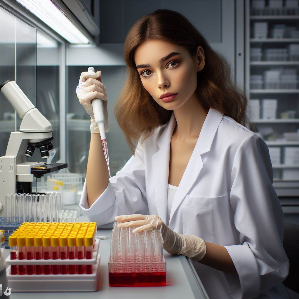 DALL-E 3 generated image for the prompt "A photograph of a female scientist in a laboratory sitting at a biosafety cabinet holding a serological pipette performing cell culture. Her cell culture flasks have yellow caps and her cell culture media is red. She is attentive to her work."