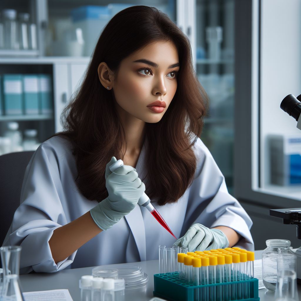 DALL-E 3 generated image for the prompt "A photograph of a female scientist in a laboratory sitting at a biosafety cabinet holding a serological pipette performing cell culture. Her cell culture flasks have yellow caps and her cell culture media is red. She is attentive to her work."