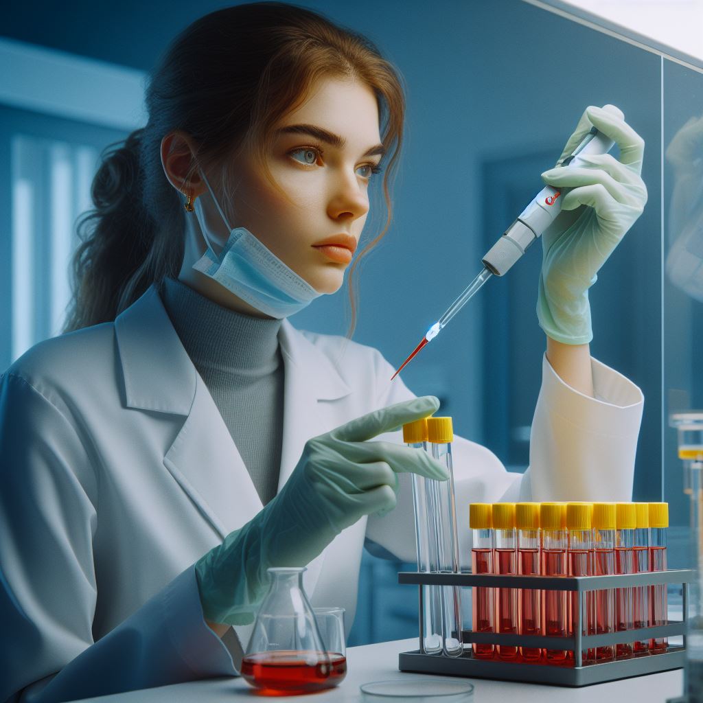 DALL-E 3 generated image for the prompt "A photograph of a female scientist in a laboratory sitting at a biosafety cabinet holding a serological pipette performing cell culture. Her cell culture flasks have yellow caps and her cell culture media is red. She is attentive to her work."