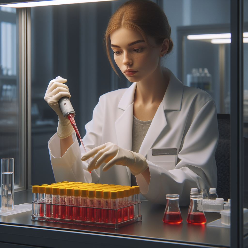 DALL-E 3 generated image for the prompt "A photograph of a female scientist in a laboratory sitting at a biosafety cabinet holding a serological pipette performing cell culture. Her cell culture flasks have yellow caps and her cell culture media is red. She is attentive to her work."