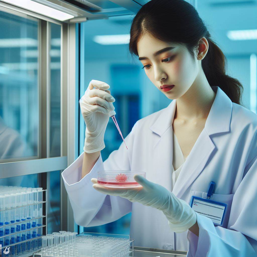 DALL-E 3 generated image for the prompt "A photograph of a female scientist performing cell culture at a biosafety cabinet."